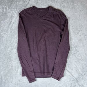 Lululemon Shirt Men Small Burgundy Tee Long Sleeve V Neck Pullover Athletic